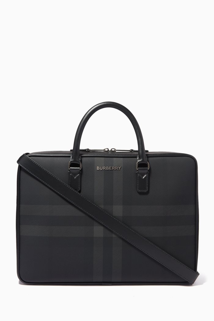 

Briefcase in Check Canvas & Leather, Grey
