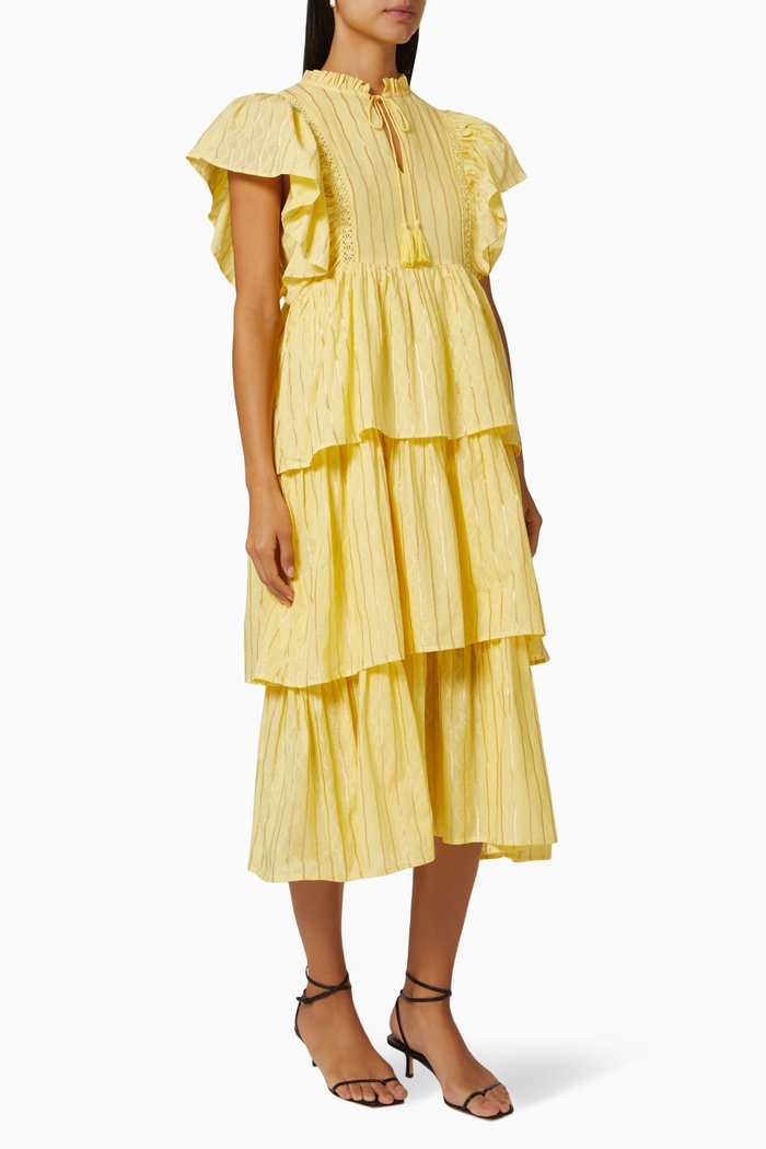 

Yaspala Midi Dress in Striped Cotton, Yellow