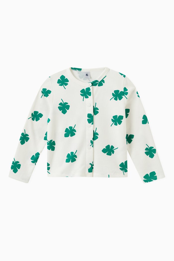 

Leaf Print Cardigan in Fleece, White
