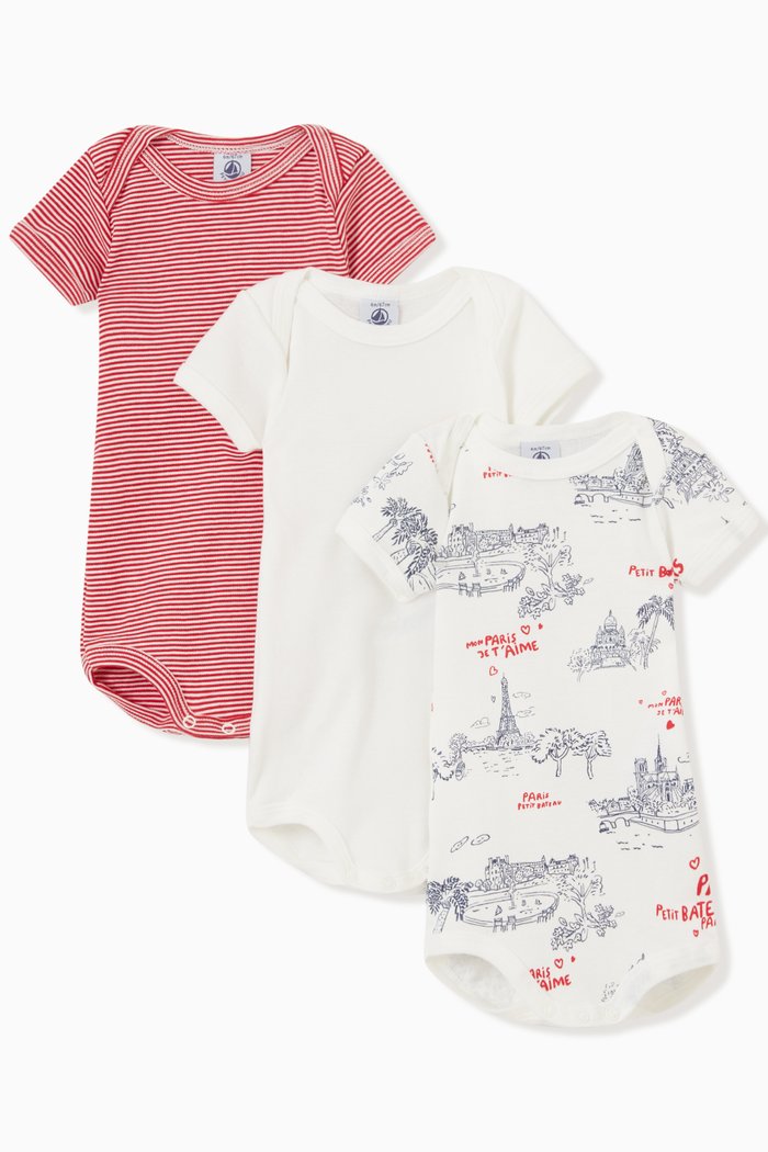 

Paris Theme Bodysuit in Organic Cotton, Set of Three, Multicolour