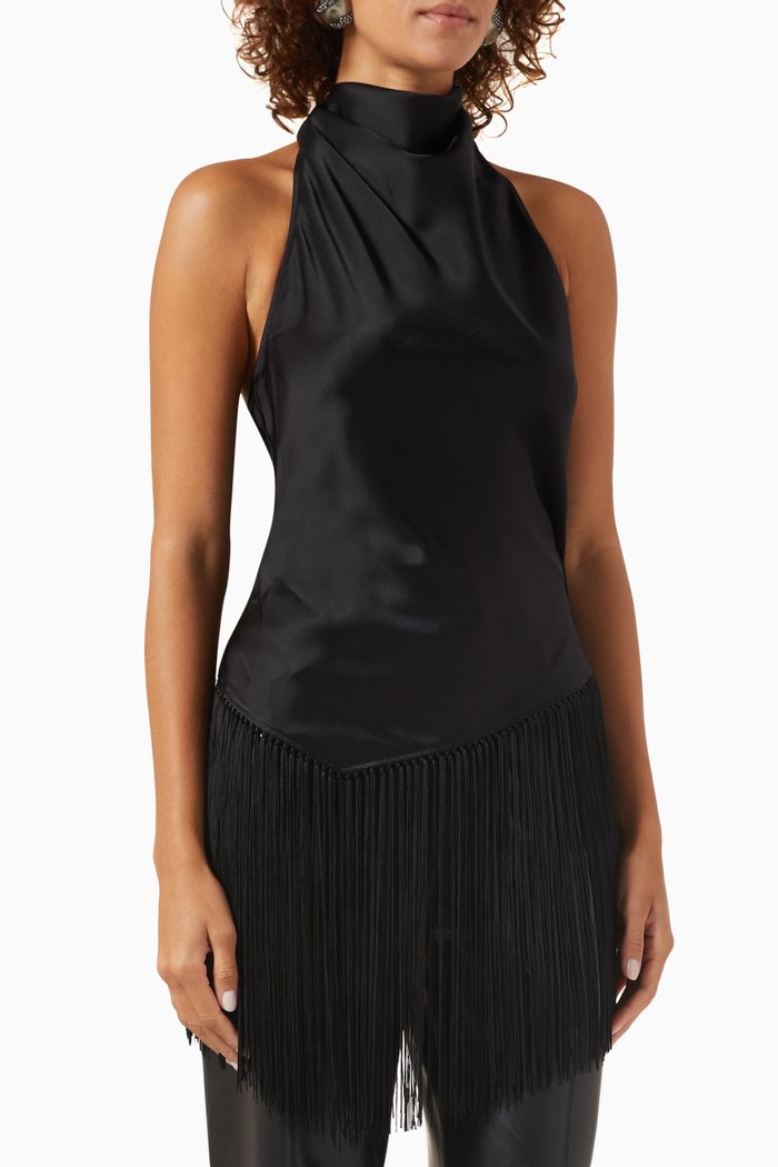 Kori Cowl-neck Fringed Halterneck Top in Satin, Black