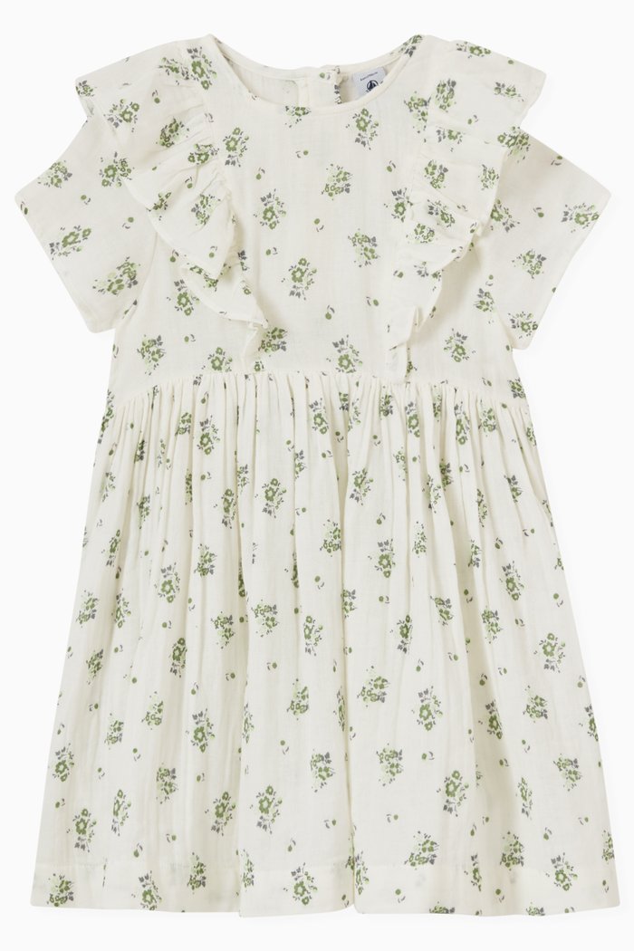 

Floral Ruffle Dress in Organic Cotton, White