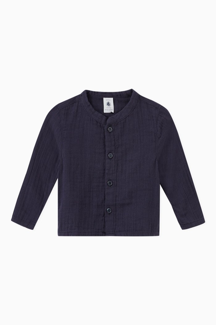 

Mandarin Collar T-shirt in Cotton Gauze, Blue