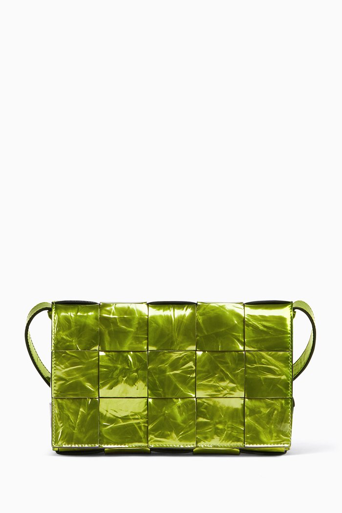 Cassette Crossbody Bag in Metallic Crushed Leather, Green