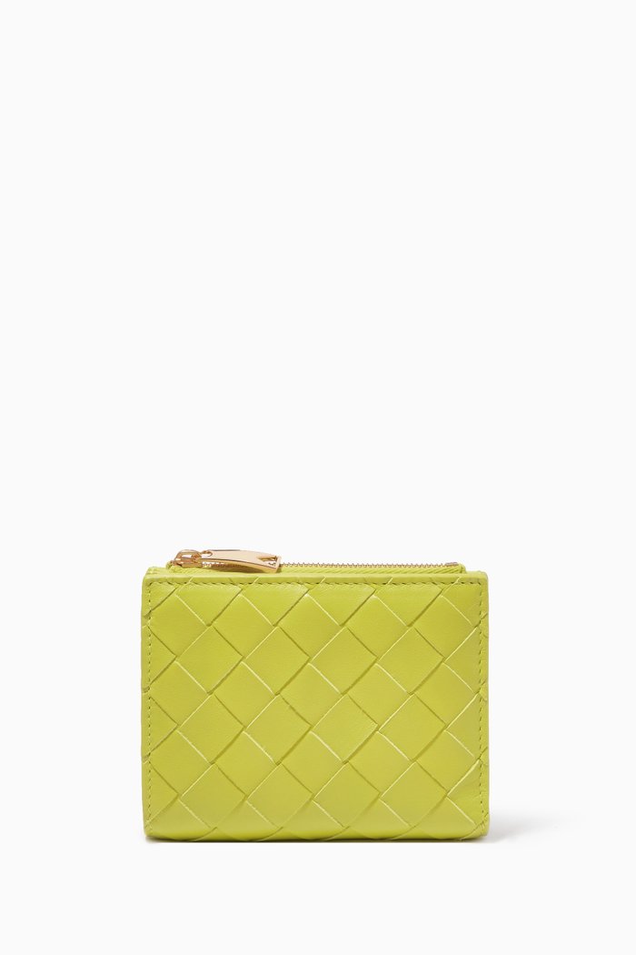 

Bi-fold Zipper Wallet in Intrecciato Leather, Green