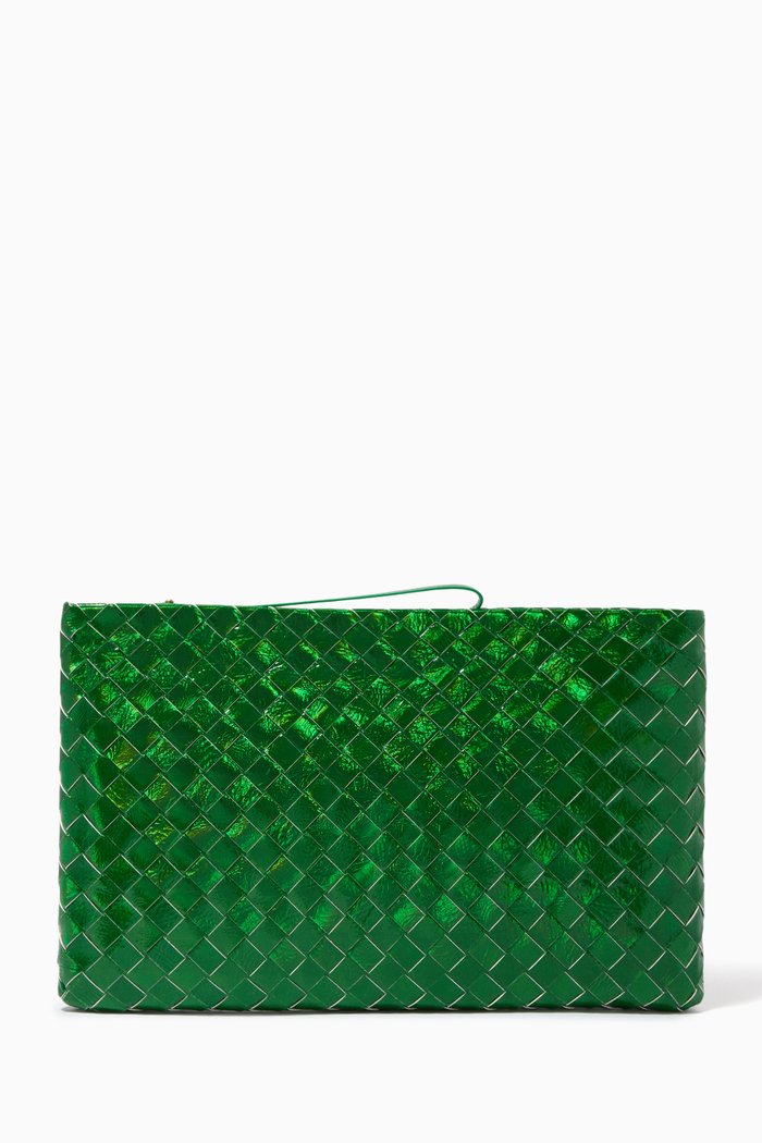 

Large Zip Pouch in Intrecciato Glazed Crackle Leather, Green