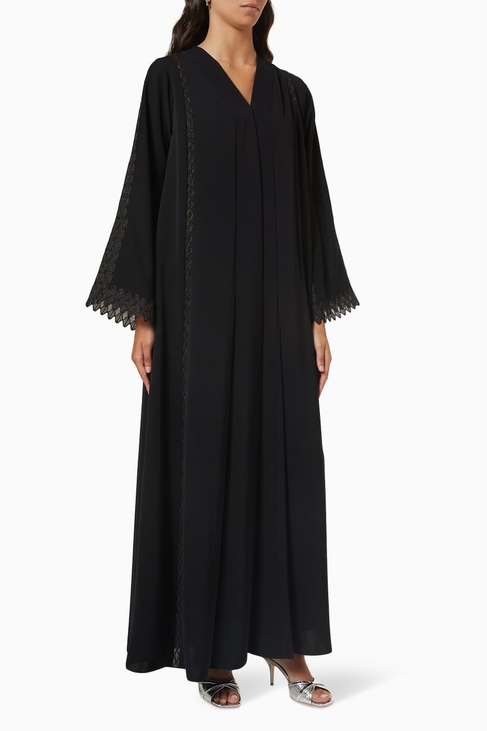 

Signature Metallic Cord Embroidered Abaya in Crepe, Black