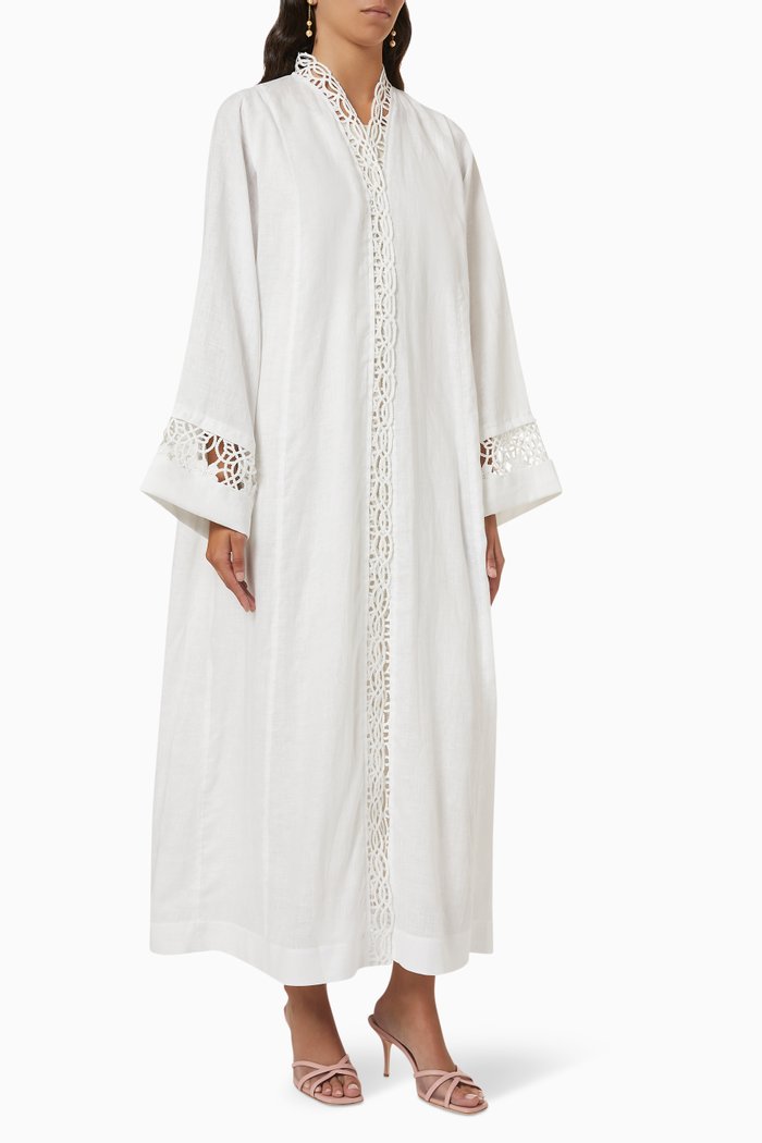 

Signature Guipure Lace Trim Abaya in Linen, White