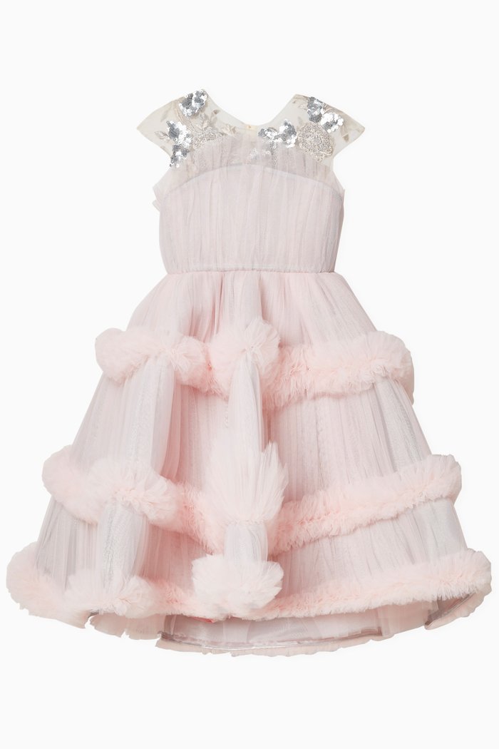 Sequin Embroidered Ruffled Dress in Tulle Mesh, Pink