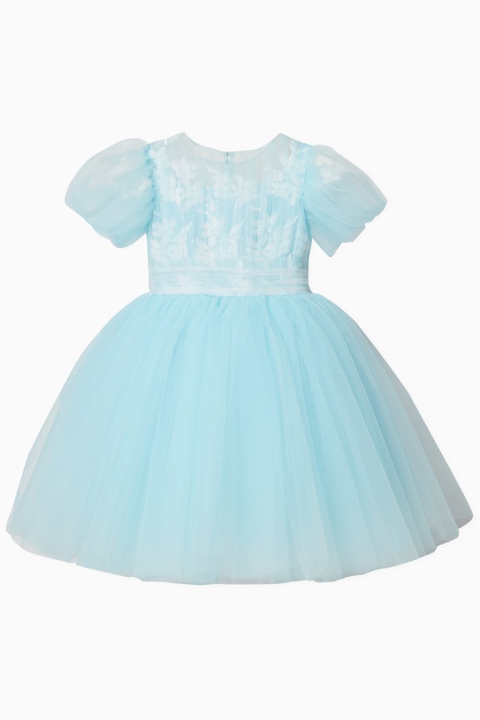 

Floral Embroidered Dress in Tulle Mesh, Blue