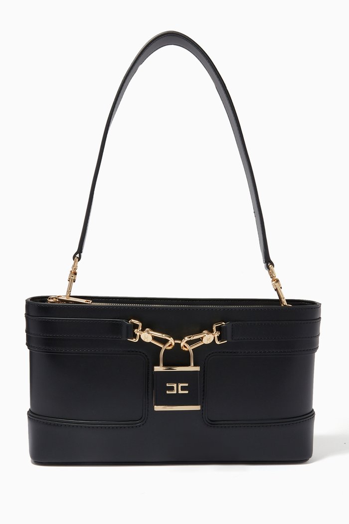 

Padlock Structured Handbag in Scuffed-effect Faux Leather, Black