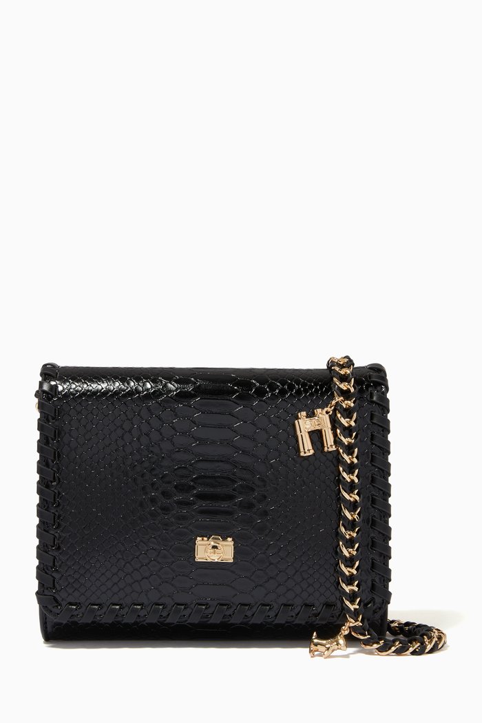 

Medium Chain Trim Shoulder Bag in Python-embossed Leather, Black