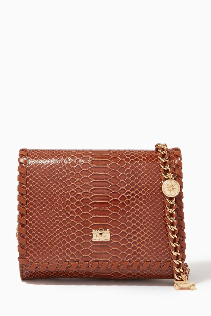 

Medium Chain Trim Shoulder Bag in Python-embossed Leather, Brown