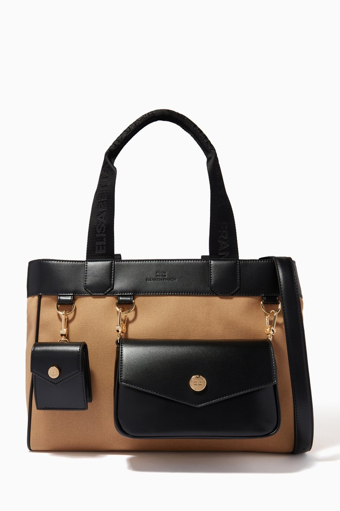 

Utility Tote Bag in Canvas & Faux Leather, Brown