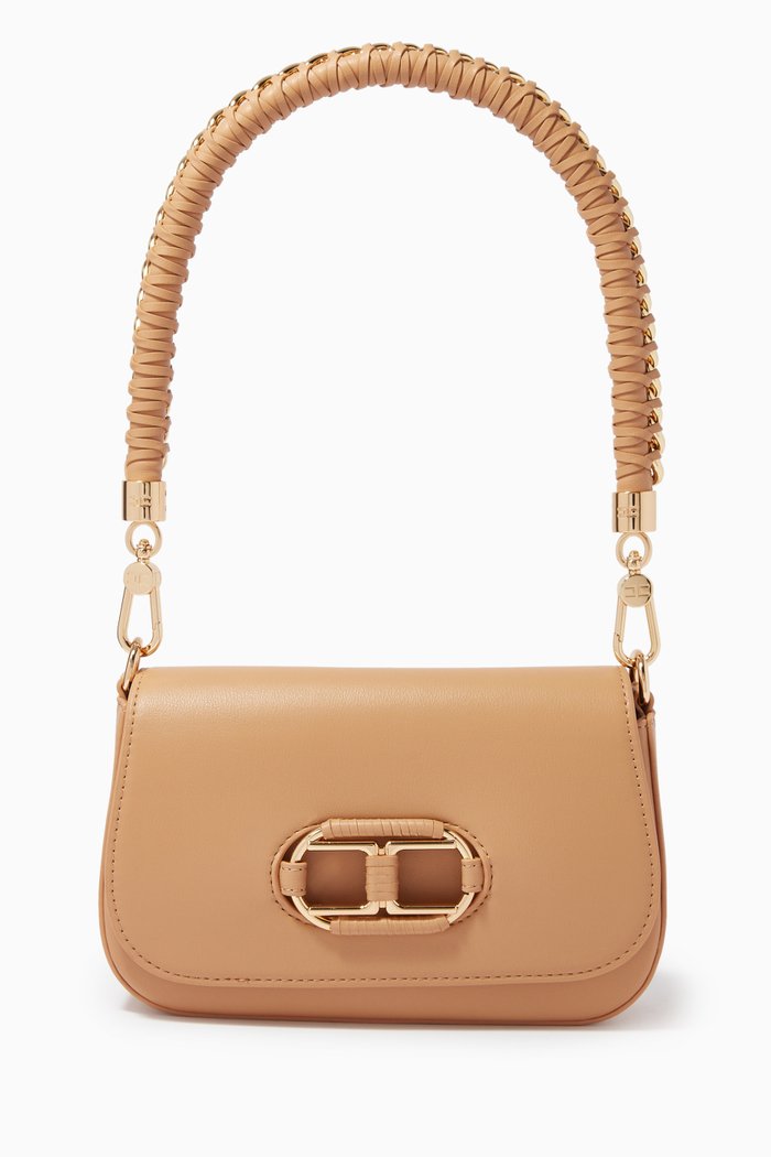 

Braided Handle Shoulder Bag in Nappa-effect Leather, Brown