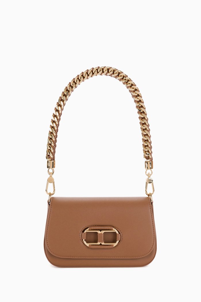

Braided Handle Shoulder Bag in Nappa-effect Leather, Brown