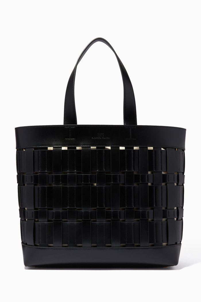 

Large Woven Shopper Bag in Scuffed-effect Faux Leather, Black