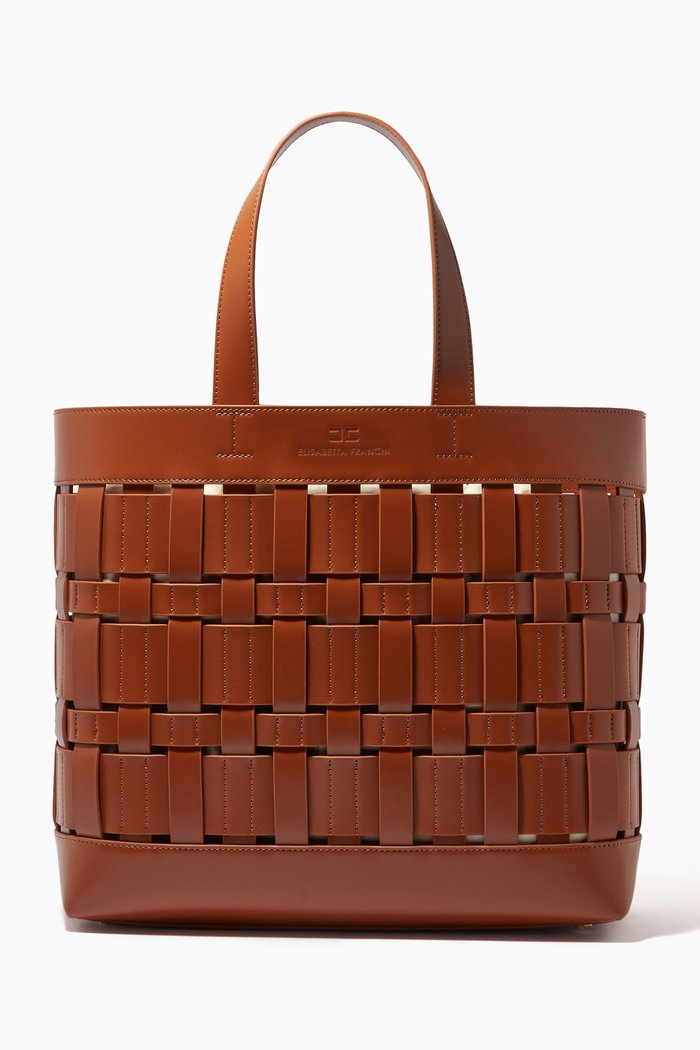 

Large Woven Shopper Bag in Scuffed-effect Faux Leather, Brown