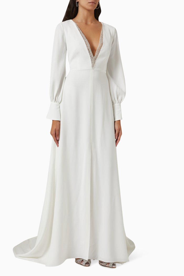 

Britt V-Neckline Embellished Gown, White