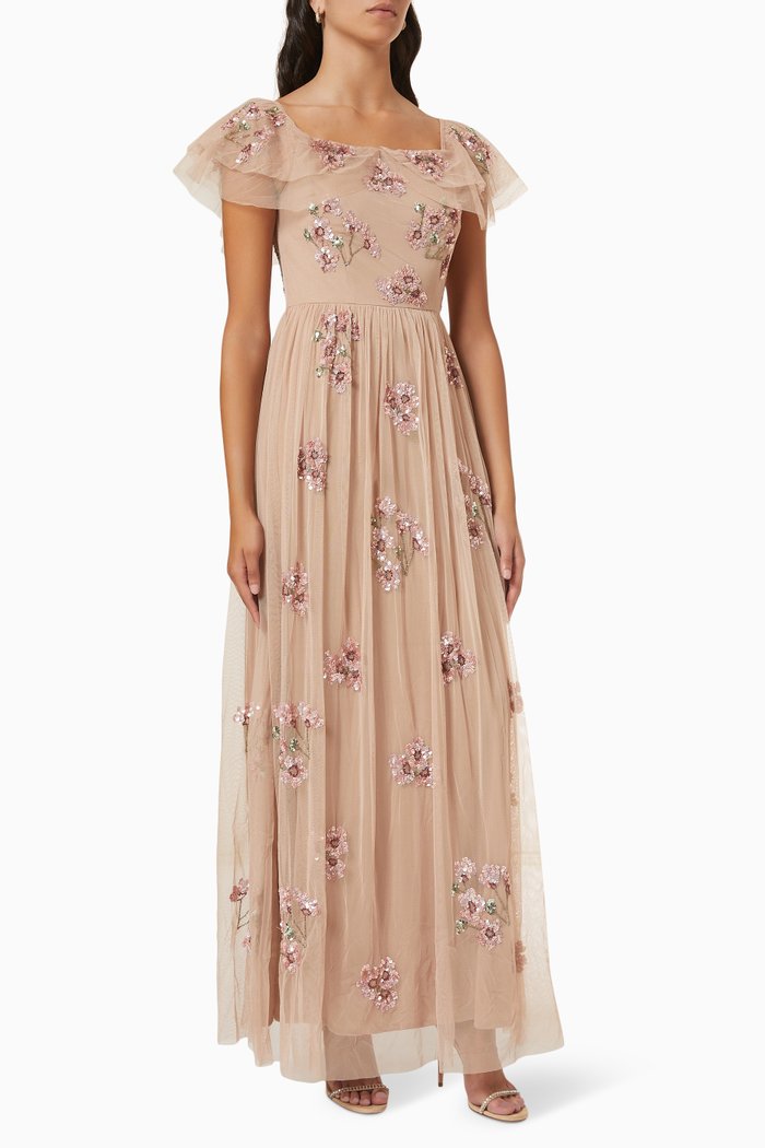 

Sequin Embellished Off-The-Shoulder Gown, Neutral