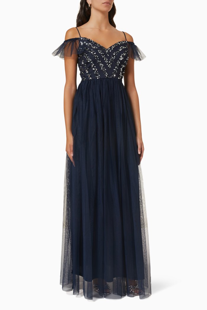 

Sequin Embellished Cold Shoulder Gown, Blue