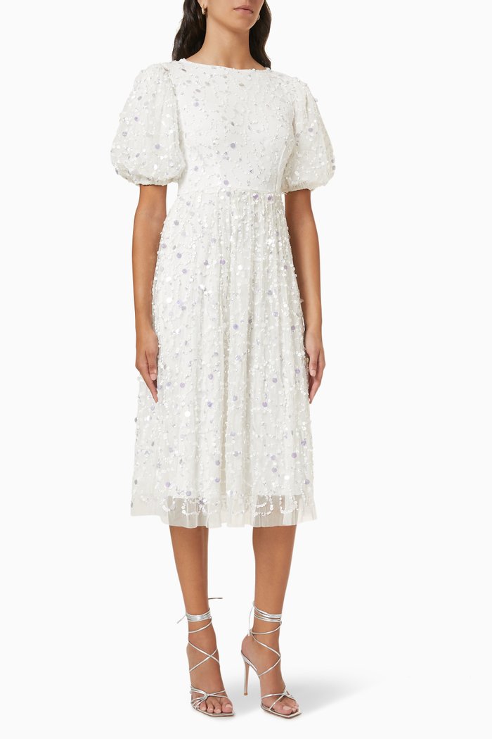 

Embellished Puff Sleeve Midi Dress, White