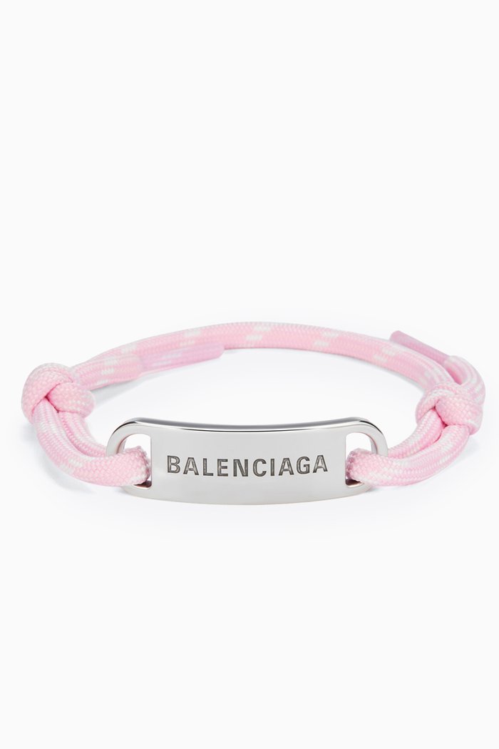 

Logo Plate Cord Bracelet in Brass & Cotton, Pink