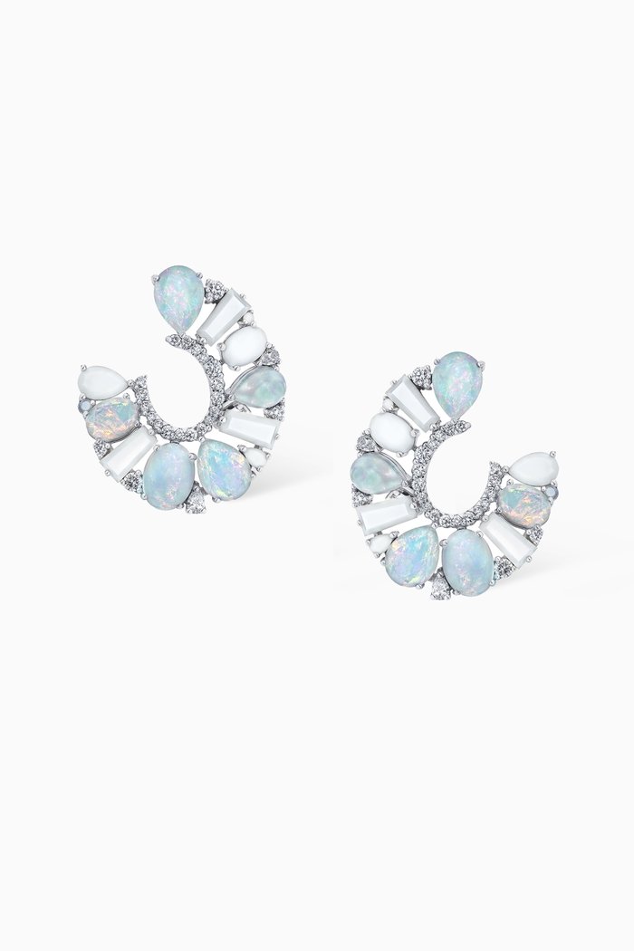 

Blaze Diamond, Opal & Mother of Pearl Hoop Earrings in 18kt White Gold