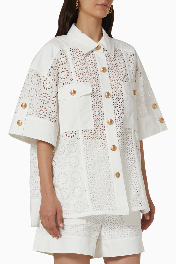 

Short Sleeve Camp Shirt in Broderie Anglaise, Neutral