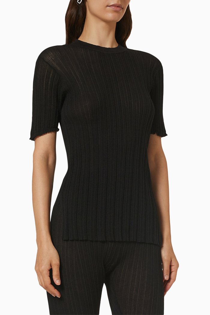 

Short Sleeve Top in Rib Knit, Black