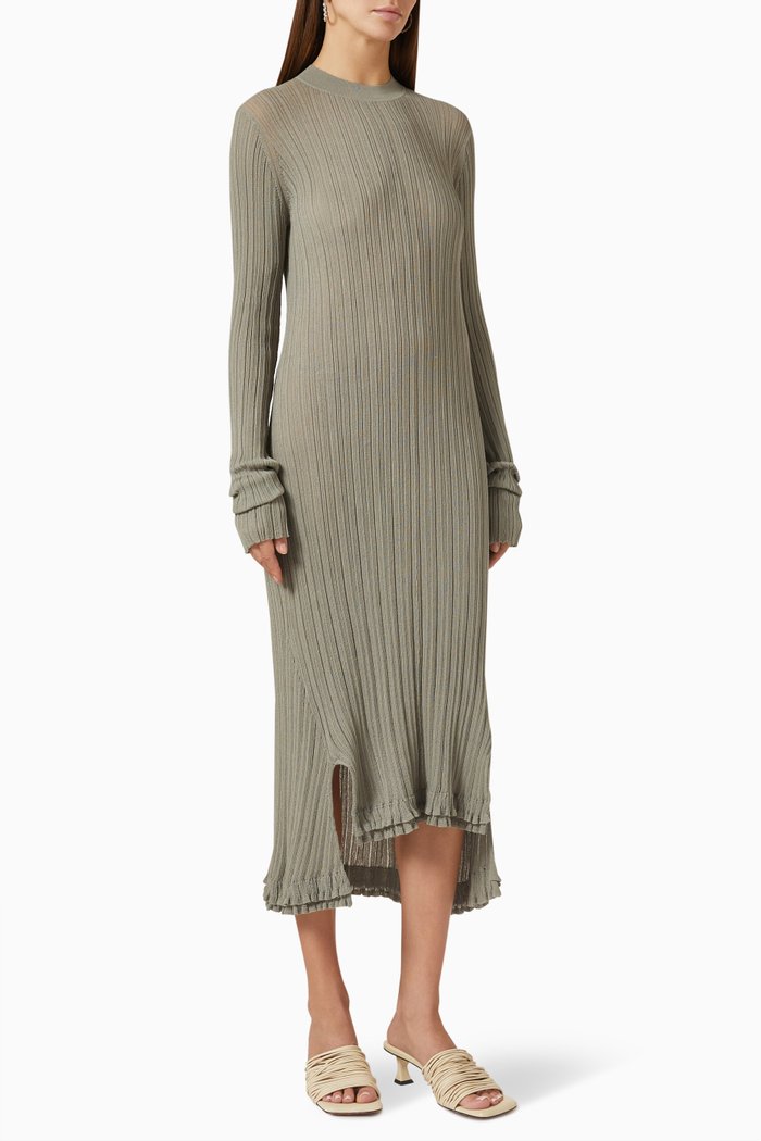 

Long Sleeve Sheer Dress in Rib Knit, Grey