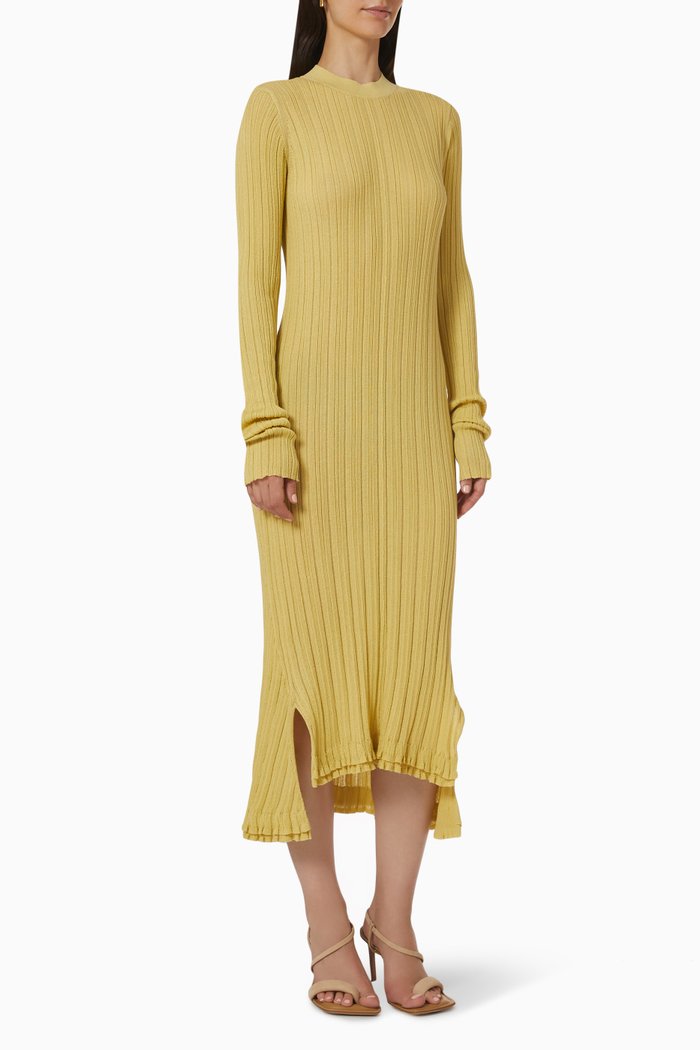 

Long Sleeve Sheer Dress in Rib Knit, Yellow