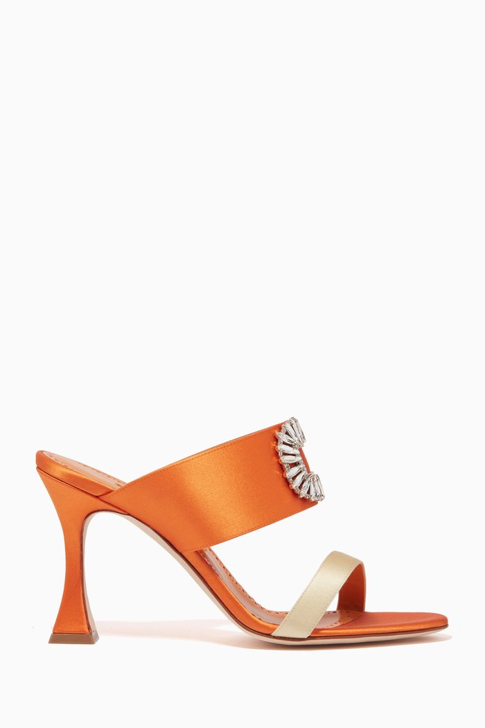 

Laali Crystal Embellished Mules in Satin & Leather, Orange