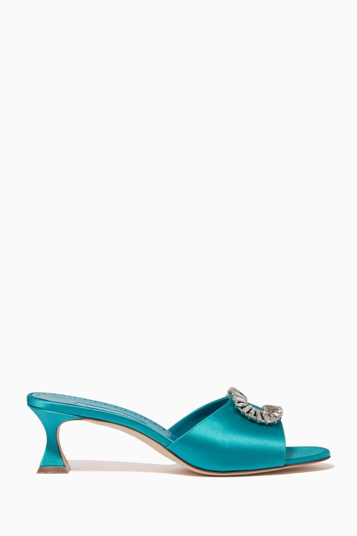 

Laalita Embellished Mules in Satin & Leather, Blue