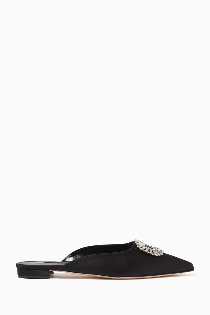 

Sigulona Embellished Flat Mules in Satin & Leather, Black