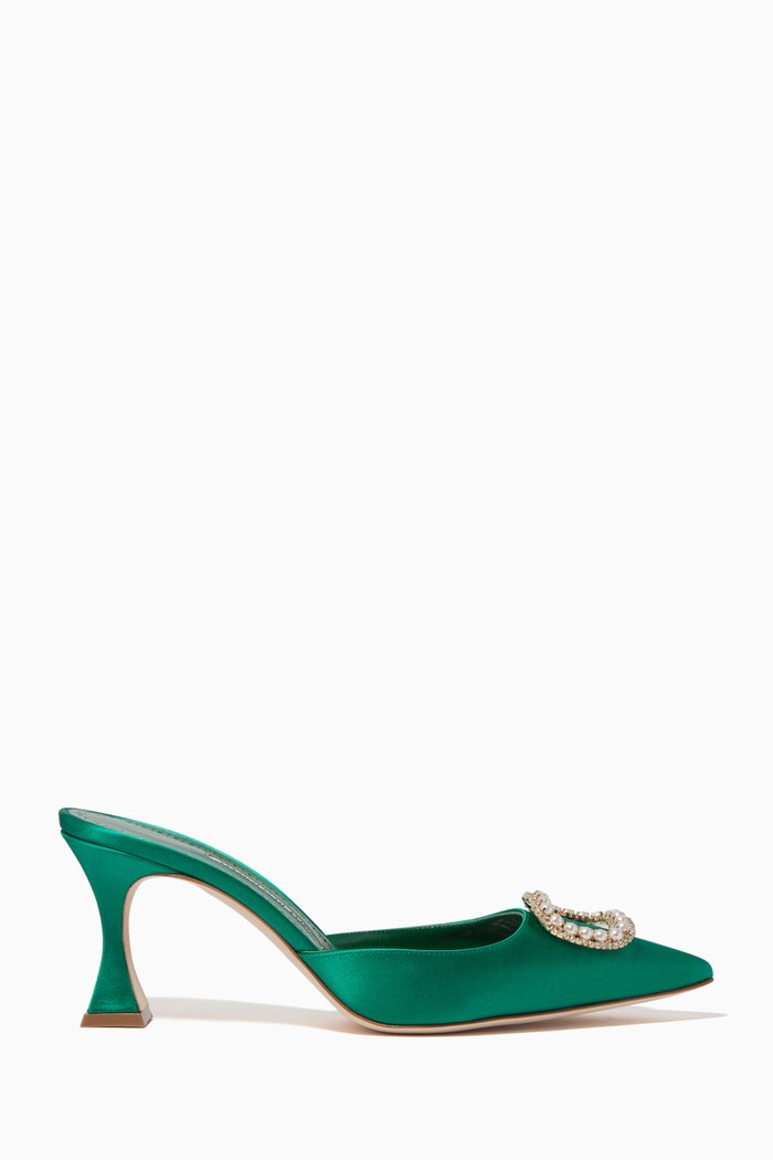 

Fabetamu Embellished Mules in Satin & Leather, Green