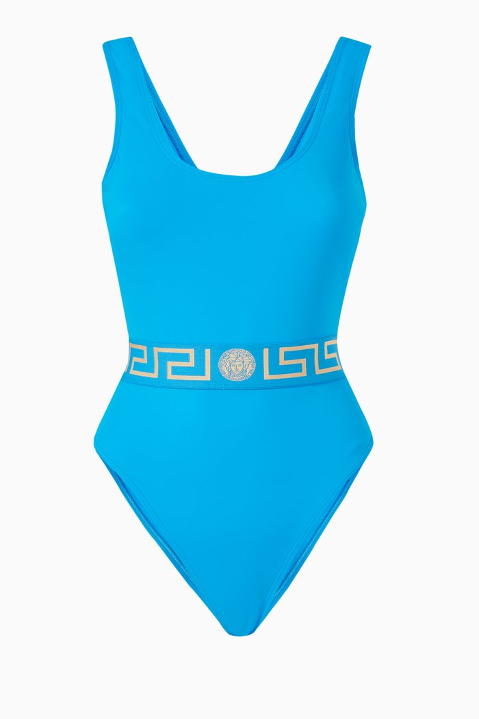 

Greca Belt One Piece Swimsuit in Stretch Nylon, Blue