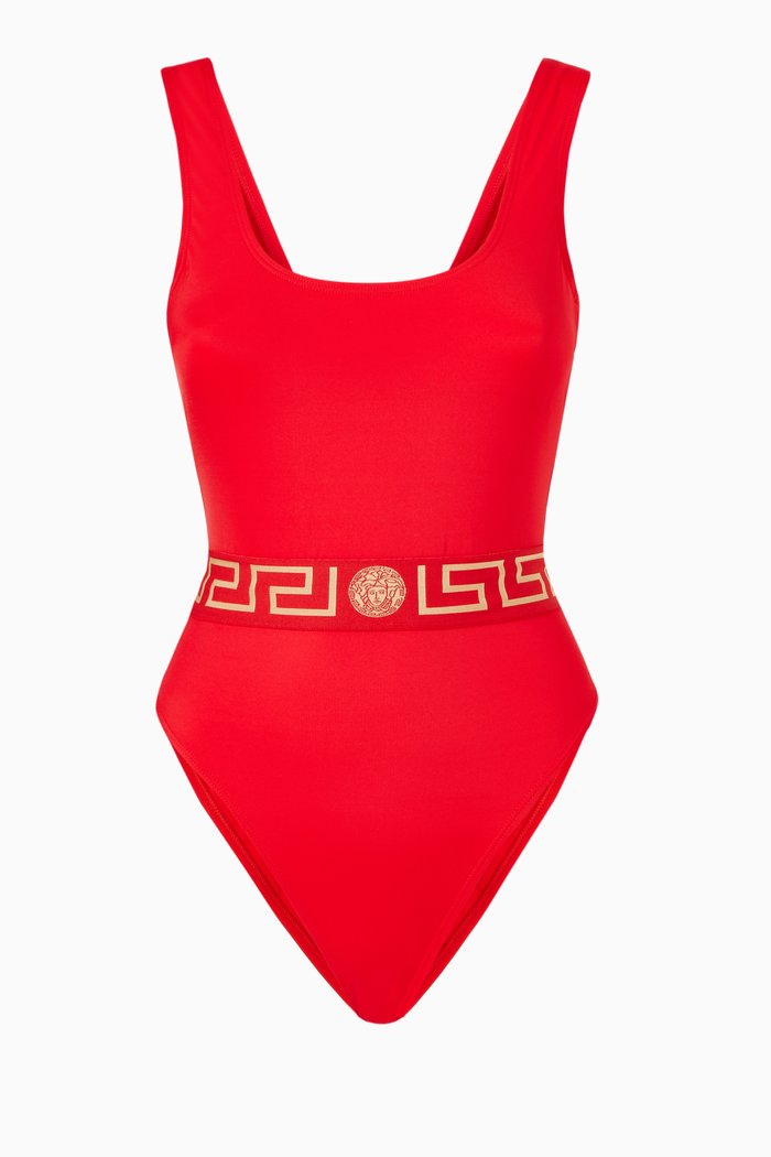 

Greca Belt One Piece Swimsuit in Stretch Nylon, Red