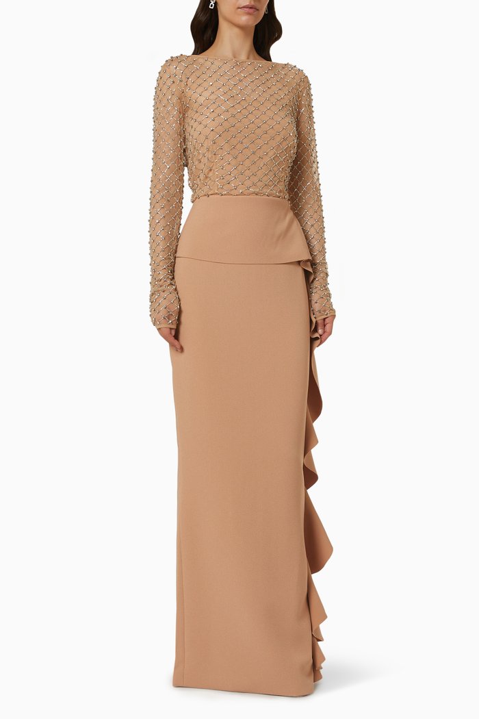 

Estelle Embellished Ruffle Gown, Neutral