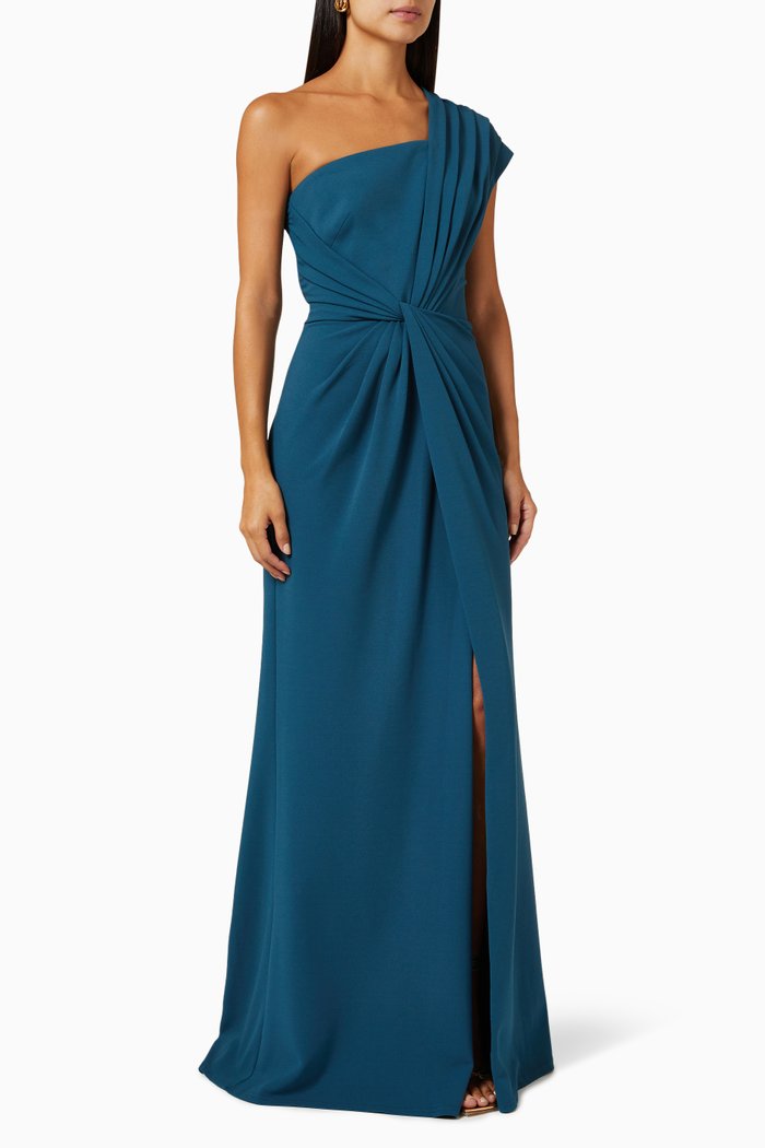 

One-shoulder Pleated Gown in Crêpe, Blue