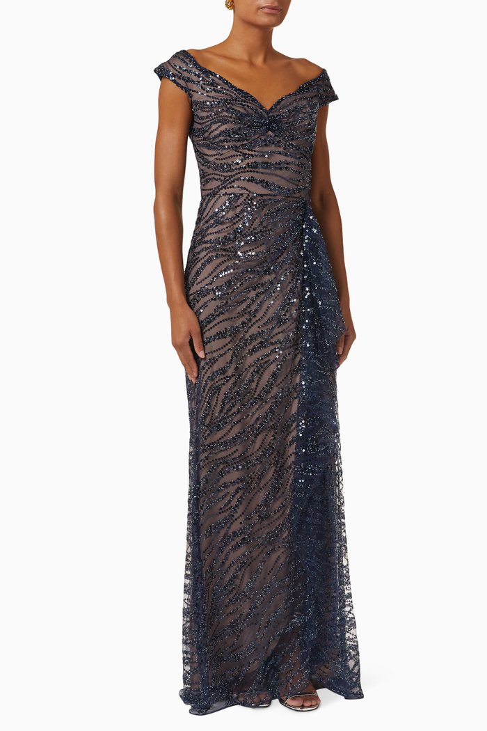 

Raine Sequin Illusion Gown in Tulle, Blue