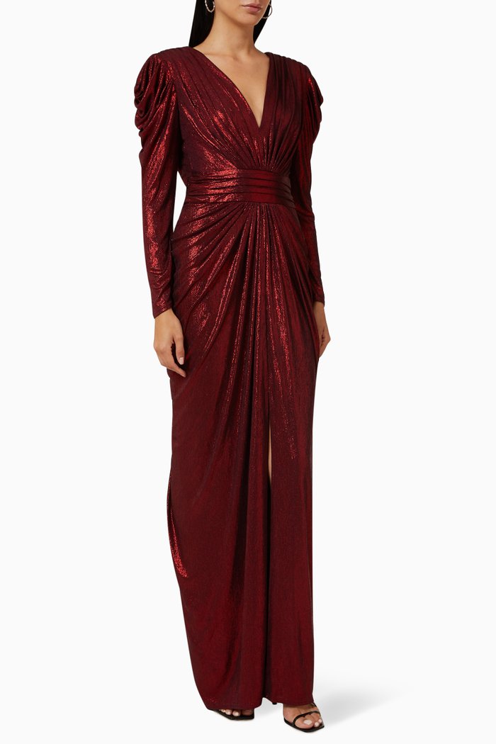

Lava Draped Metallic Gown in Lamé, Red