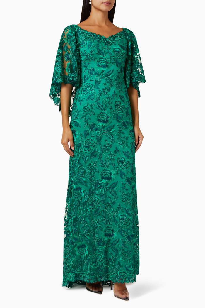 

Arvid Embroidered Cape-sleeve Gown in Lace, Green