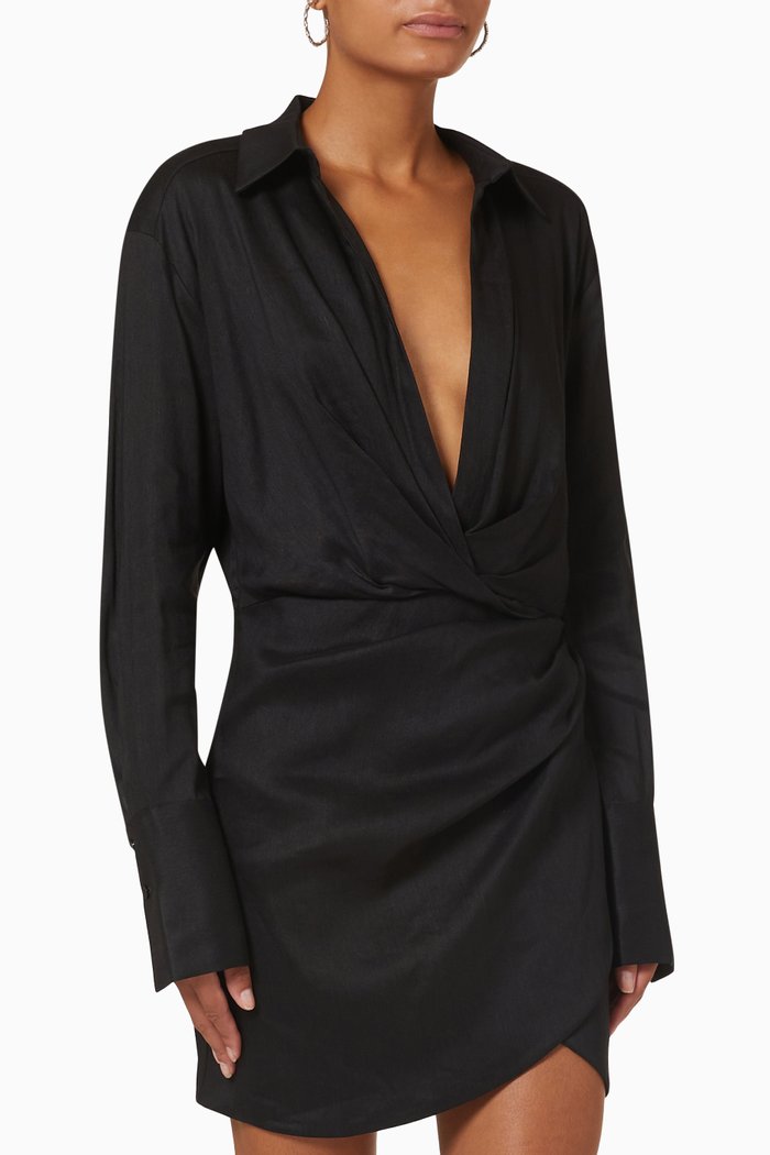 

Naha Mini Shirt Dress in Linen Blend, Black