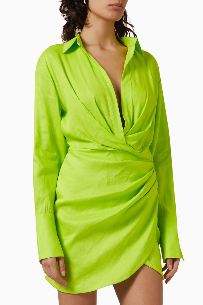 

Naha Wrap Mini Dress in Linen, Green