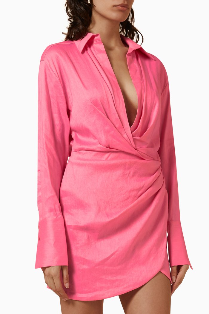 

Naha Wrap Mini Dress in Linen, Pink