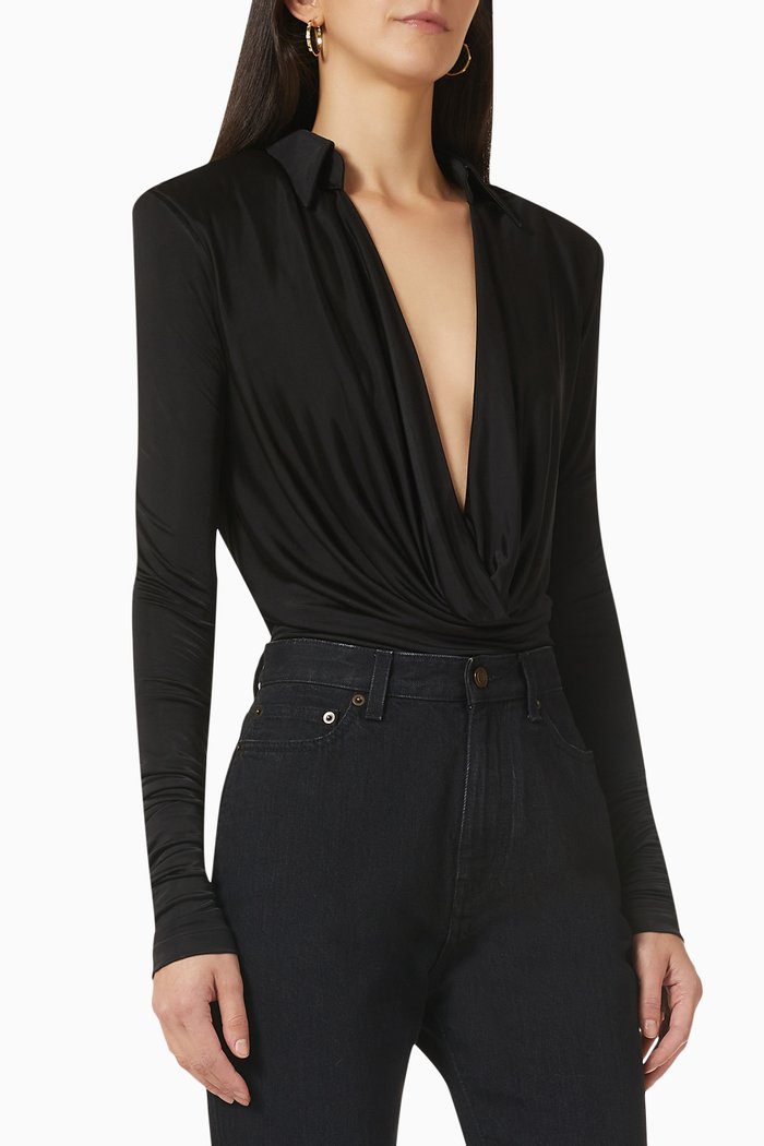 

Bauska Draped Bodysuit in Silk, Black
