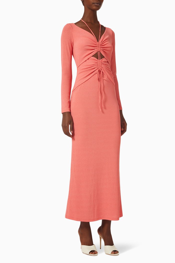 

Marie Ruched Maxi Dress in Rib-knit Jersey, Pink