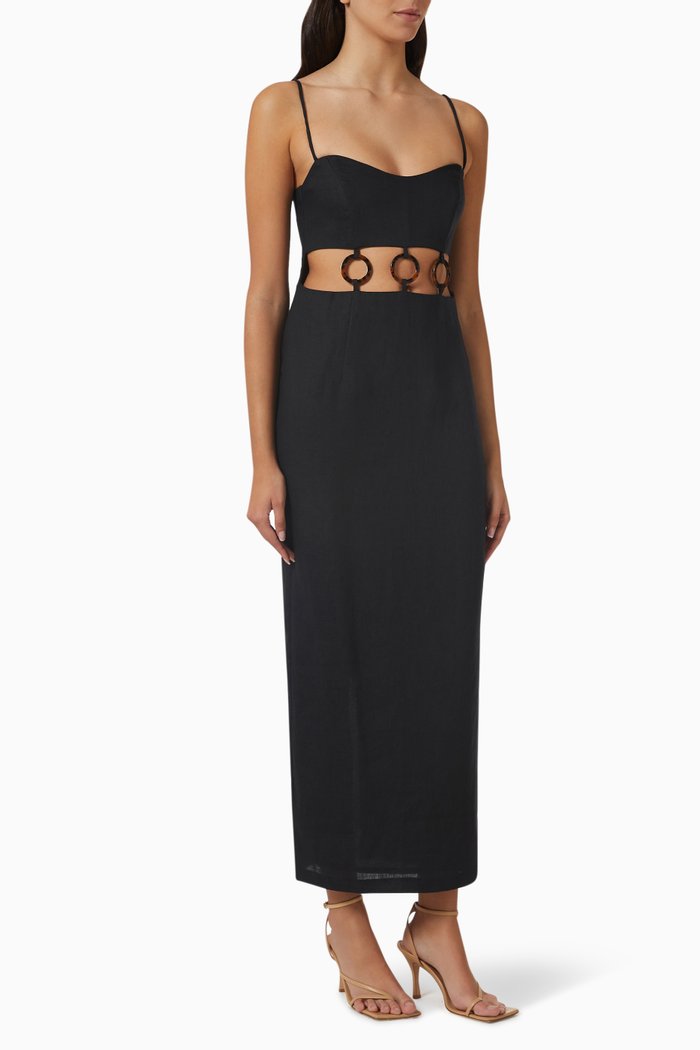 Bridget Ring Maxi Dress in Linen, Black
