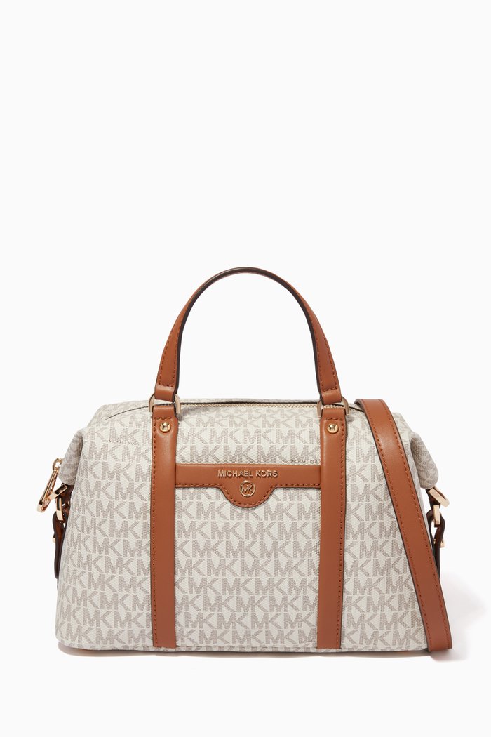 

Beck Medium Satchel Bag in Logo-print Canvas, White